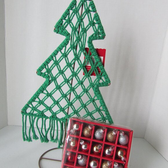 Ashland Macrame Green Christmas Tree With 20 Mini Glitter Glass Ornaments NWT - Picture 2 of 14